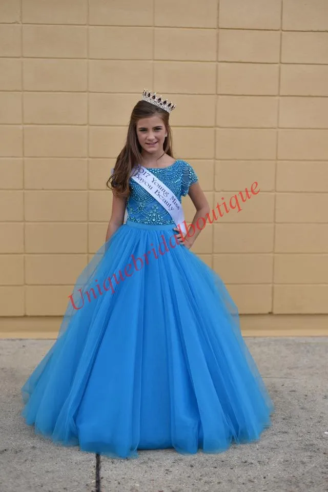 Famoso designer Little Girl Toddler Infant Baby Pageant Dresses 2019 Cap Maniche Principali perline Tulle Long Cute Kids Birthday Party Gown