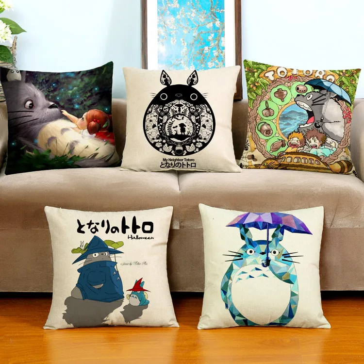 Totoro dekoratives Kissen, kreatives Heimeinrichtungskissen mit doppelseitigem Druck, Kissenbezug aus Leinen-Baumwolle, 17,7 x 17,7 Zoll