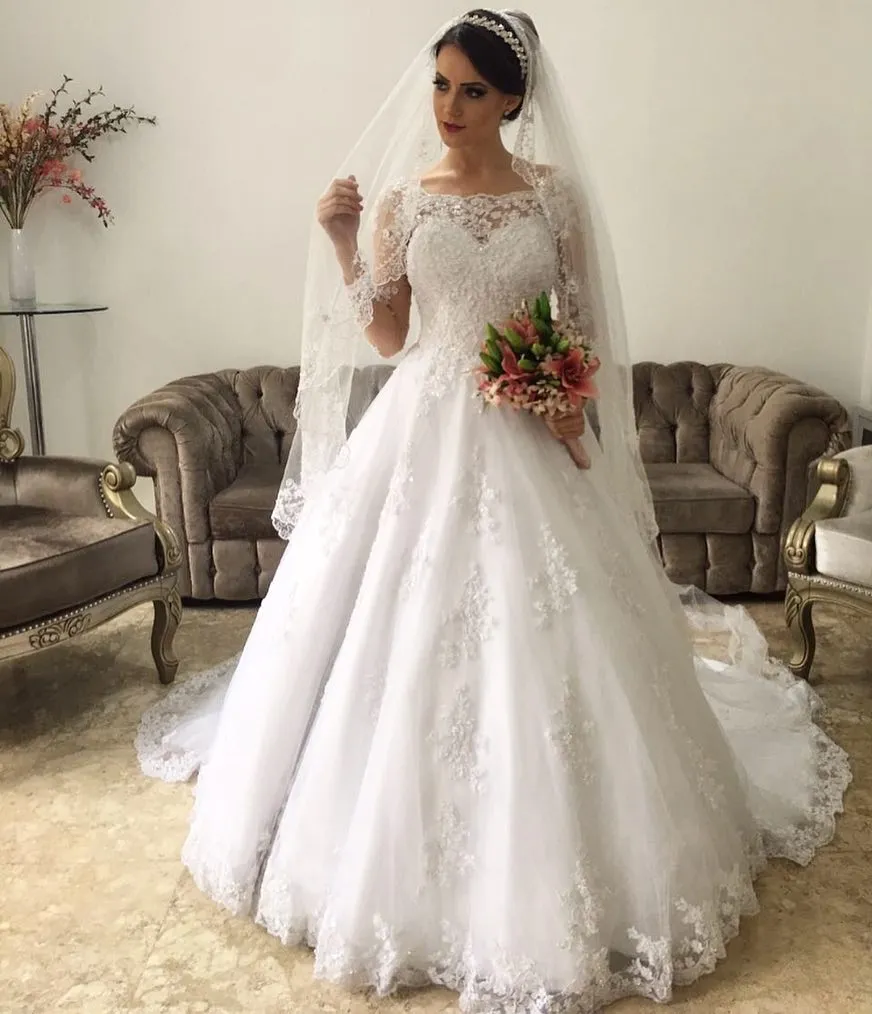 Scoop Ball Gown Long Sleeve Wedding Dresses Lace Appliques With Beaded ...