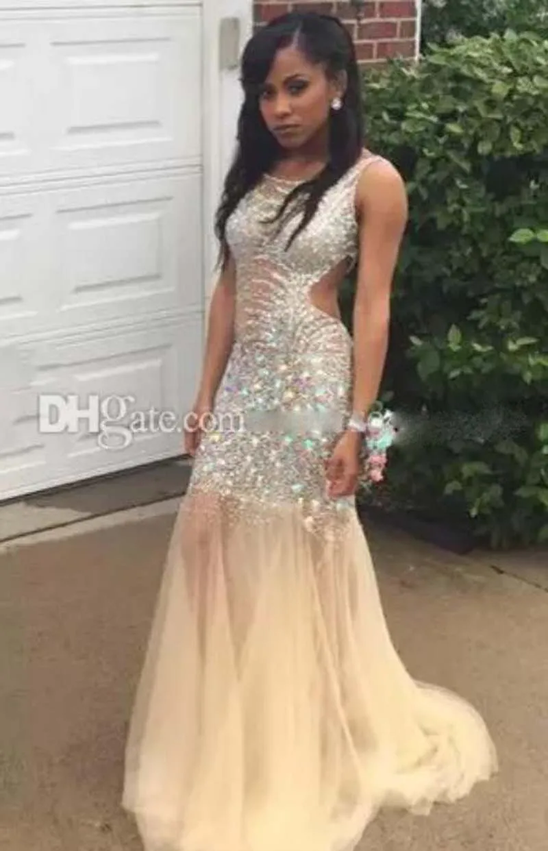 Sexy 2k17 naakt champagne prom jurk zeemeermin pure nek mouwloze kristal kralen tule backless sparkly bling party avondjurken