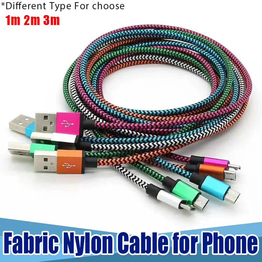 Yeni Çift Renk Metal Arabirimi Naylon Kumaş Örgülü Veri Sync Mirco USB Kablosu Samsung S6 Telefonları için USB Kablosu USB Şarj Kabloları Tip C Kablosu