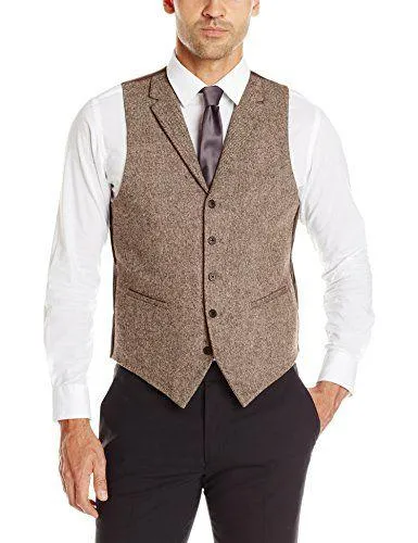 Chalecos de tweed marrón de moda clásica, traje de estilo británico en espiga de lana para hombre, chaqueta ajustada a medida, trajes de boda para hombre P:4