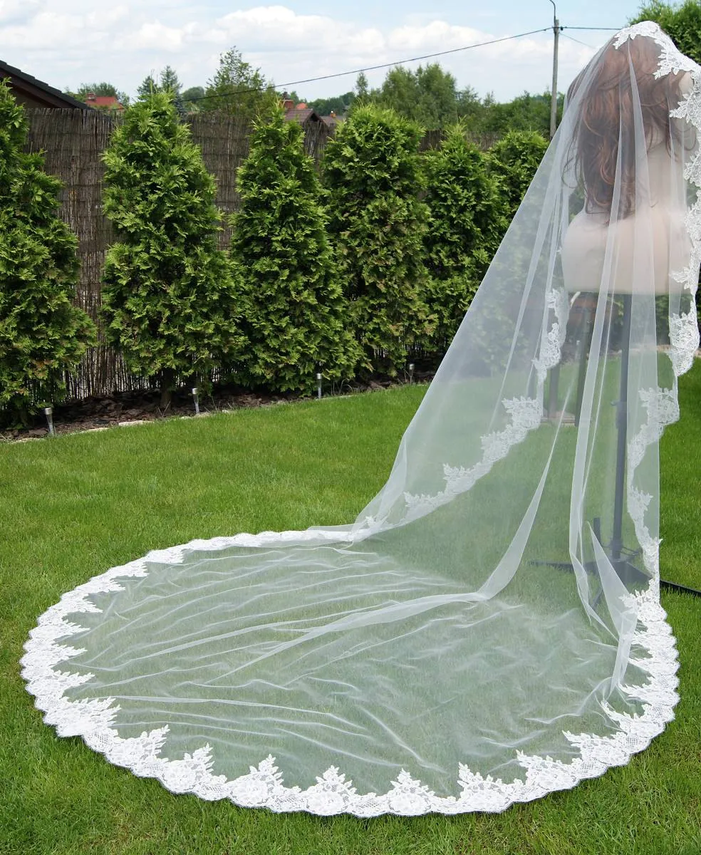 Voile de mariage cathédrale avec bord appliqué en dentelle, voile de mariée de Style romantique en Tulle, couleur Champagne blanc ivoire, 3 mètres