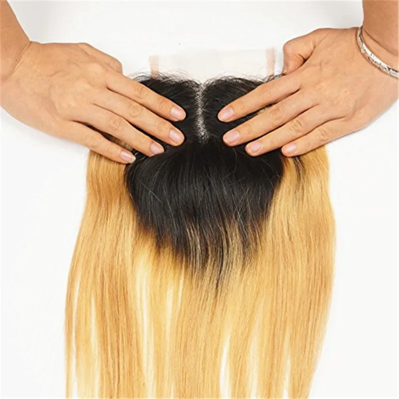 # 1B 27 Mel Loira Ombre Cabelo Virgem Peruano Com Fecho de Rendas 3 Feixes de Cabelo Em Linha Reta Tece Com Raízes Escuras Marrom Loiro Fechamento de Rendas