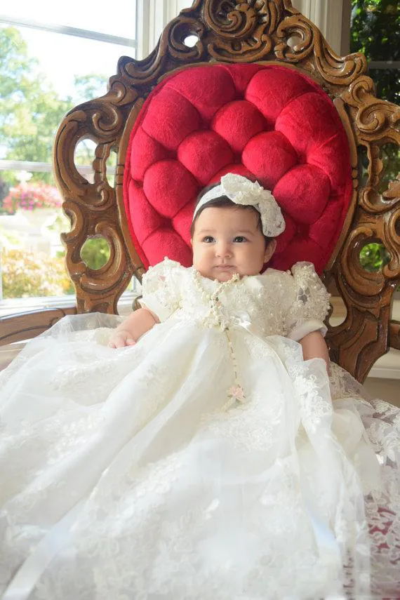 Robes de première communion en dentelle blanche pour bébé, tenue de princesse à manches courtes et perles, avec ceintures en ruban, robes longues de bal pour enfants