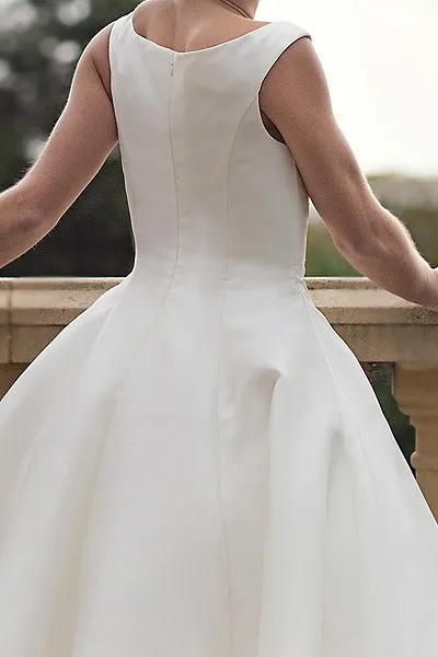 60s vintage comprimento de chá curto vestidos de casamento simples barco vestido de baile cetim de recepção sem mangas mulheres segunda casamento vestidos nupculos