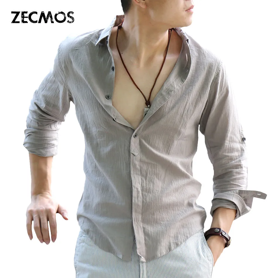 Vente en gros - Zecmos Chemises en coton et lin Homme Été Chemise Blanche Social Gentleman Chemises Hommes Ultra Mince Chemise Décontractée Vêtements De Mode Britannique