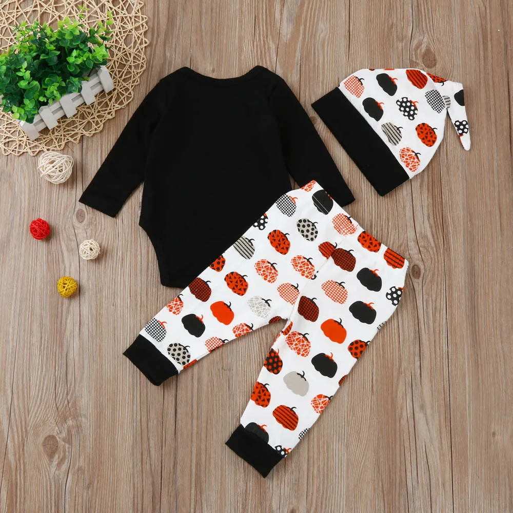 Newborn Clothes Baby Clothing Sets Halloween Costumes Pumpkin Printed Long Sleeve Bodysuit Romper Pants Hat Sets Baby Outfits