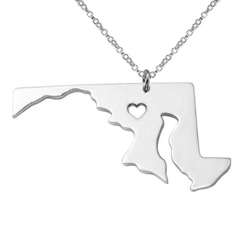 Maryland-Karte, Edelstahl-Anhänger-Halskette mit Liebesherz, USA-Bundesstaat, MD-Geografie-Karte, Halsketten, Schmuck für Damen und Herren