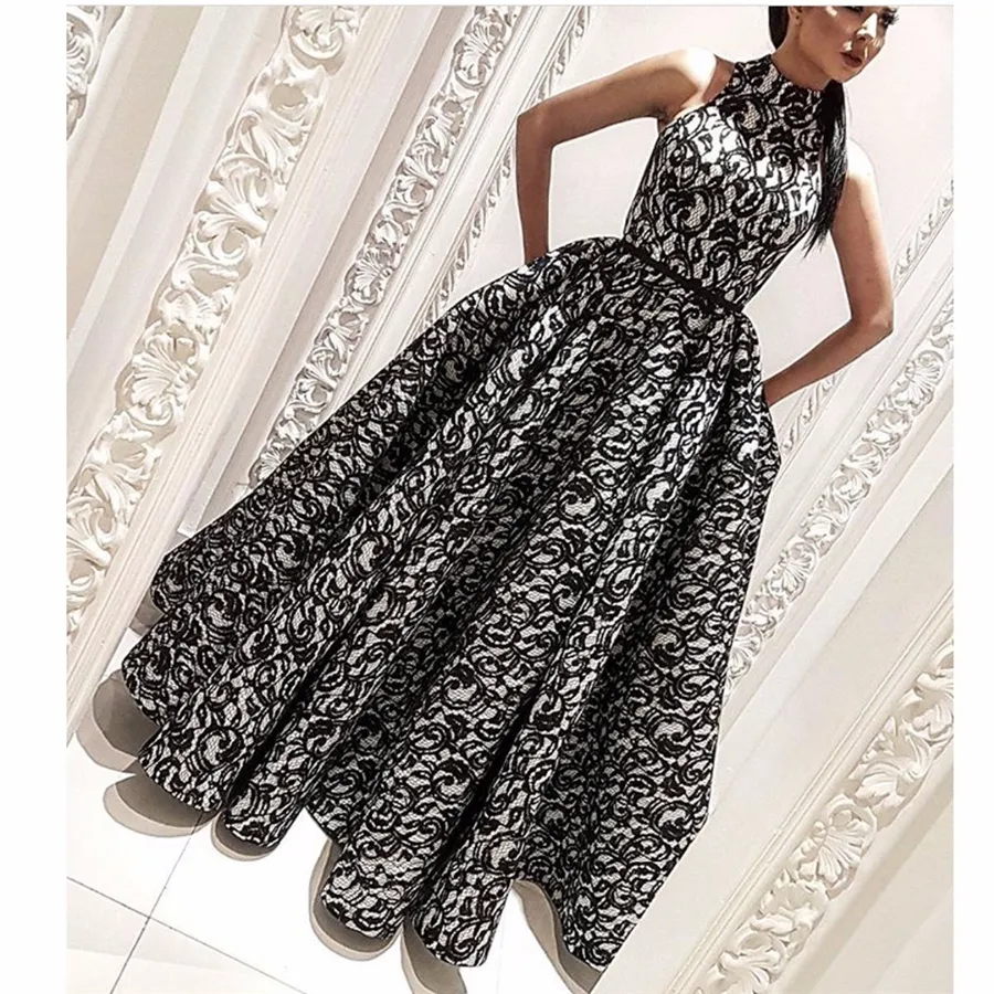 Moda Vestidos de Formature Black and White Suknia wieczorowa High Collar Bez Rękawów Syrenki Prom Dresses Z Overckirt