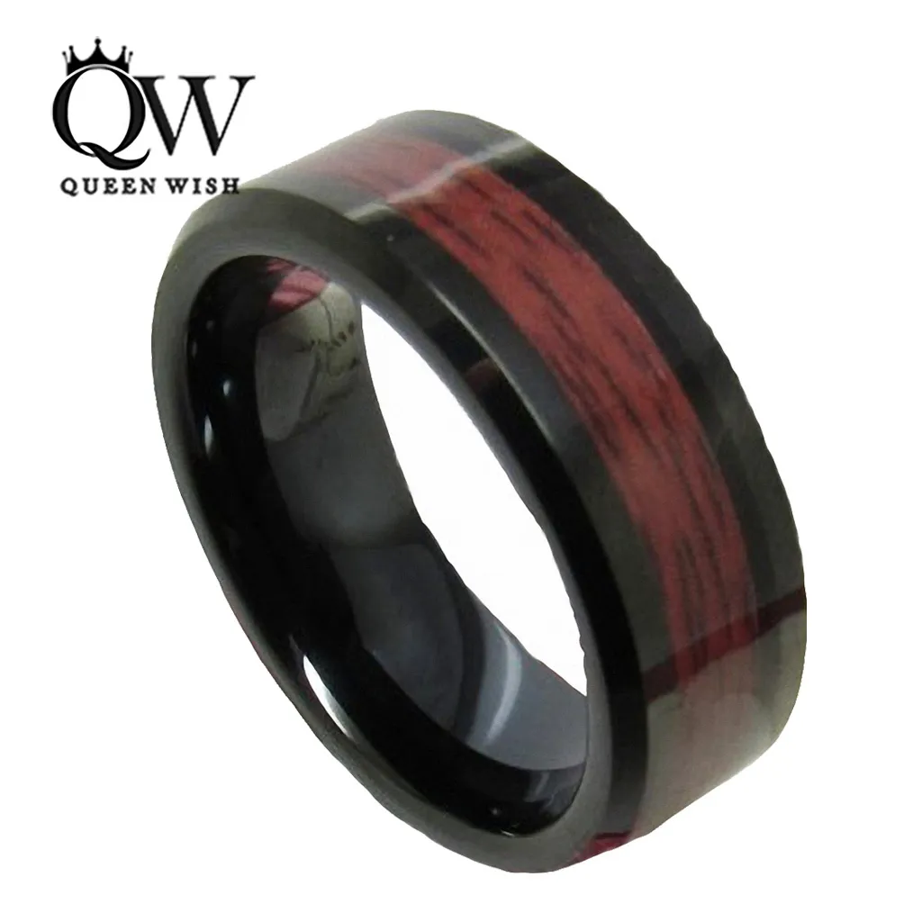 Queenwish Promise Rings 8mm Tungsten Carbide Ring Red Wood Inlay Black