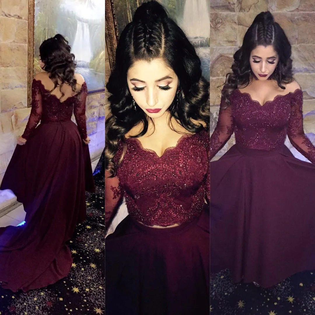 Robes de bal deux pièces bordeaux profondes pure bijou-cou perlé dentelle appliques manches longues robe de soirée sexy une ligne balayage train robes de soirée