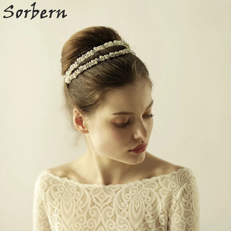 Wedding Headband with Rhinestone Stones and Faux Pearls, 10K  display picture 3