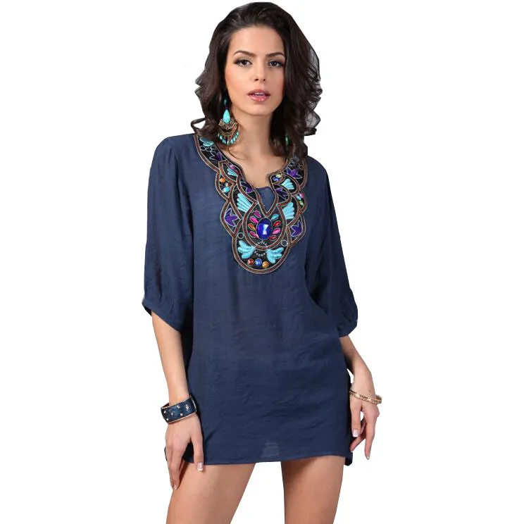 Wholesale-21 Styles New Arrived Plus Size Vintage Bohemian Handmade Embroidery Bead V Neck Summer T Shirt Women Top Blusas Femininas