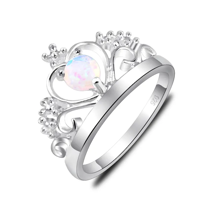 6 Pz/lotto Luckyshine Mother's Holiday Gentle Round White Fire Opal Gemme 925 Sterling Silver Plated Russia Canada USA Wedding Crown Rings