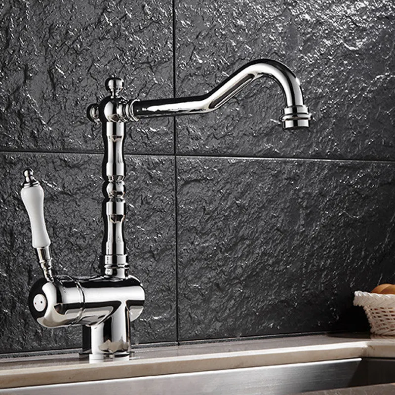 Badrumsbassängkran med lång pip Chrome mässing Rotertable Vanity Sink Mixer Tap Ceramic Style HS304