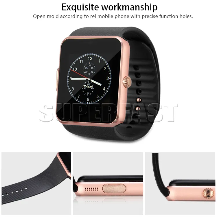 GT08 Smart Watch Bluetooth Smartwatches för Android -smartphones armband med SIM -kortplats Support NFC 1,44 tum skärmhälsoklock i detaljhandeln