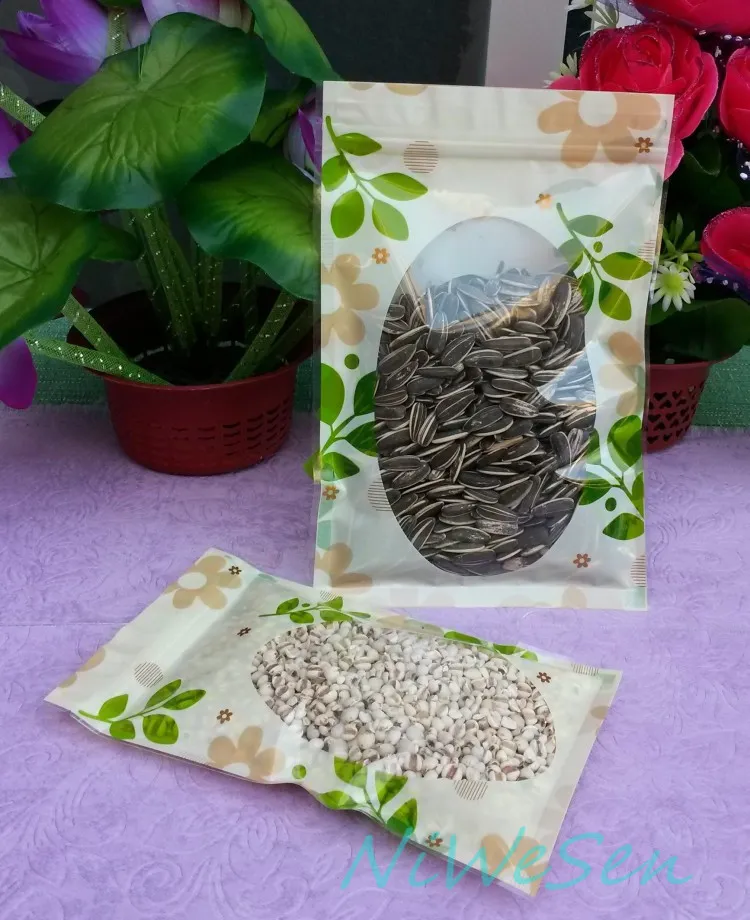 16*24cm, X green leaf/flower printing ziplock bag, front clear window cornflakes food sack, reusable dustfree pouch