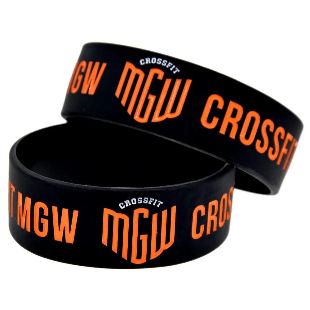 CrossFit MGW Pulsera de caucho de silicona 1 pulgada de ancho Logotipo lleno de tinta para regalo de promoción deportiva