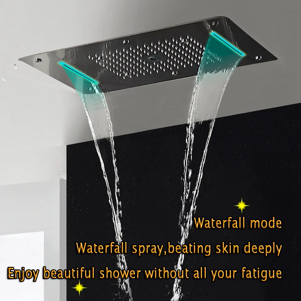 Pannello doccia termostatico Acciaio inossidabile LED Cascata a pioggia Grande soffione doccia a soffitto Rubinetto bagno Set a parete Rainfall Fau7188437