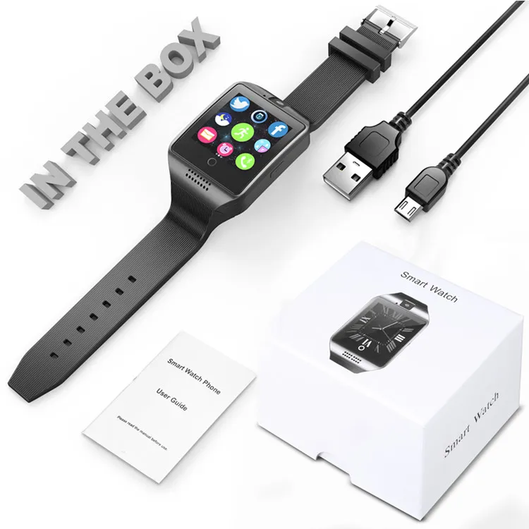 Q18 smart watch bluetooth relógios inteligentes para celulares android suporte sim card câmera chamada de resposta e configurar vários idiomas com caixa