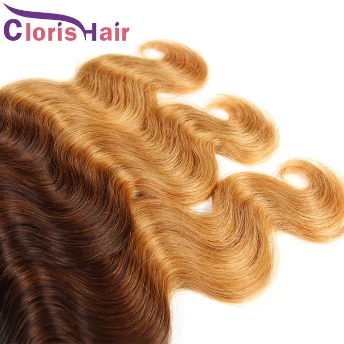 Blonde Cheveux Humains Bundles Vierge Péruvienne Corps Vague Ombre Armure Pas Cher 1B 4 27 Trois Tons Ondulés Extensions de Cheveux Colorés Fin Saine