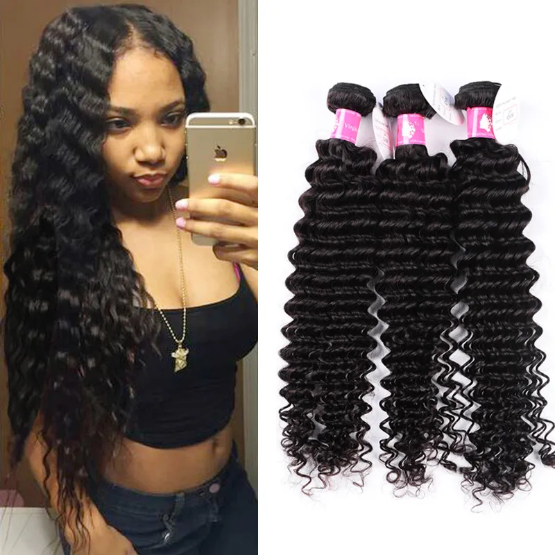 1 2Bundles / Vierge Brésilienne Vague Profonde Cheveux Humains Tisse Pas Cher Non Transformé Péruvien Trame De Cheveux Doux Remy Forawme Cheveux # 1B 8-30 pouces