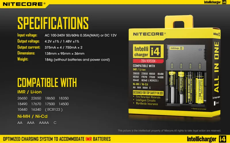 100٪ الأصلي Nitecore i4 Intellicharger العالمي Li-ion / Ni-MH / Ni-Cd شاحن بطارية ل 26650 18650 18350 16340 14500 10440 إلخ