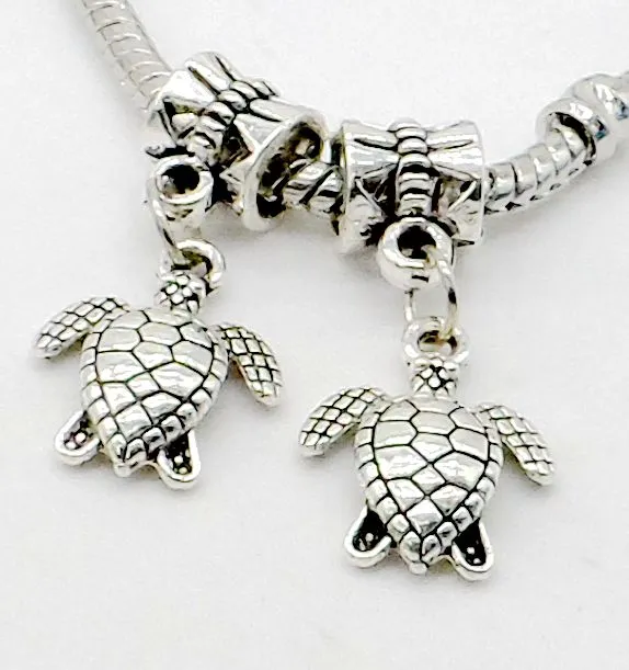 100 Stück tibetische Silberlegierung Schildkröte Charms baumeln Perlen passen Anhänger Armband europäischen Schmuck machen Diy 12x23mm Loch 4mm