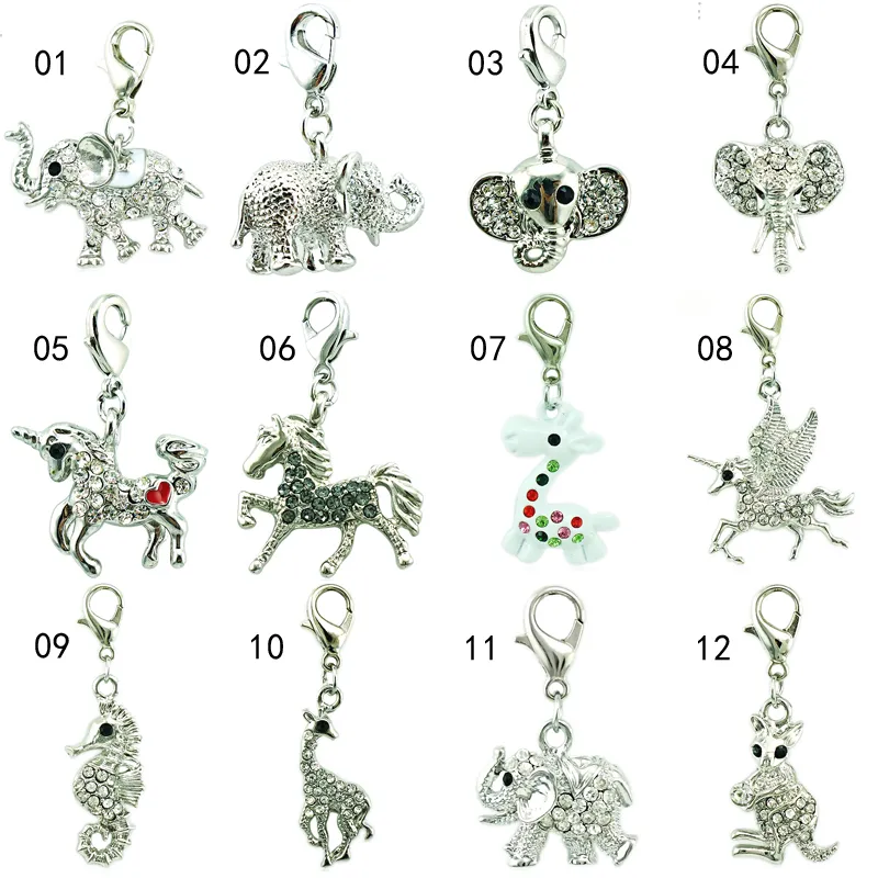 Mix Sale White Rhinestone Elephants Horse Animal Charms Pendants With Lobster Clasp DIY For Jewelry Making Accessories