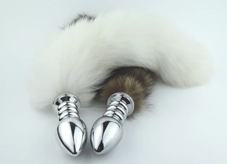 Penis Ring Male Chastity Belt Stainless Steel Silver Spiral Large Anal Plug With White Fox Tail