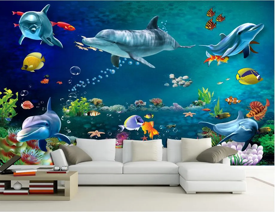 3D behang custom foto muurschildering zeewereld dolfijn vis landschap kamer decoratie schilderij 3D muur muurschilderingen behang voor muren 3 d