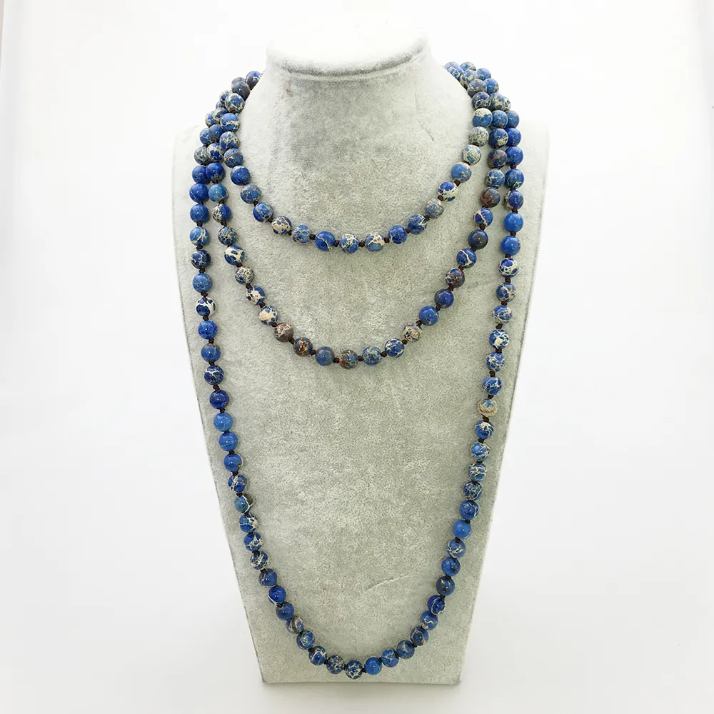 ST0337 Top Sale Women Yoga Long Necklace 60 inches Knotted Blue Regalite Jasper Necklace High Quality Natural Stone Necklace