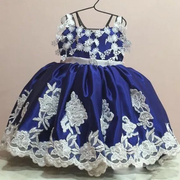 Royal Blue 18 Months Flower Girl Dress Vintage Lace Communion Gowns Bead Ball Gown Child Dresses With Big Bow