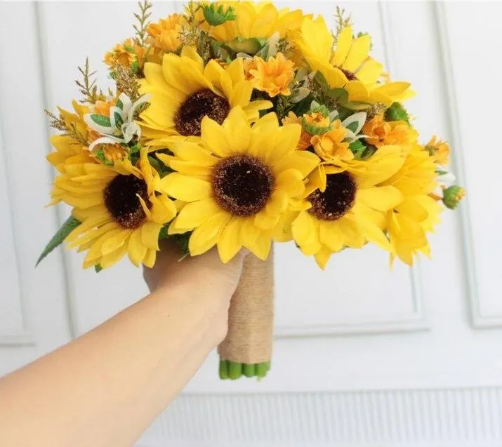 Nouveau Style 2018 Bouquets De mariage jaune tournesol artificiel pour les mariées fleurs De mariage Bouquets De mariée Ramos De Novia artificiel