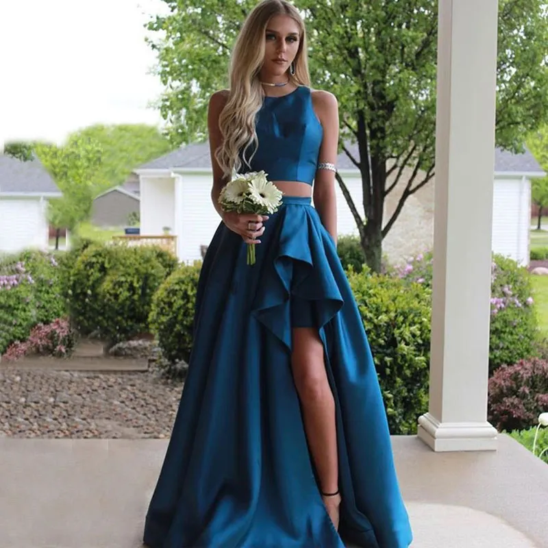 Two Piece Country Bridesmaid Dresses Satin Jewel Neck Split Wedding Guest Gowns