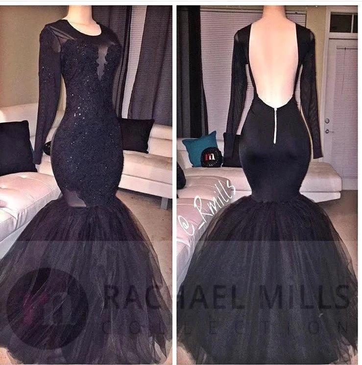 Sexy Black Mermaid Prom Dresses 2017 Sheer Jewel Neck with Vintage Lace Court Train Evening Wear Backless Pageant Celebrity Gowns BA4979