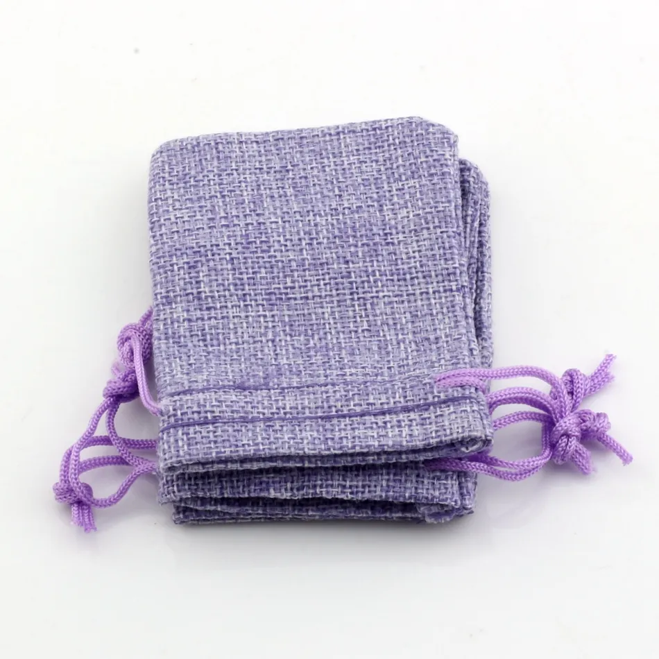 Tecido de linho roxo Praques de jóias de jóias de jóias de jóias Bolsas de juta de estopa 10x14cm etc.