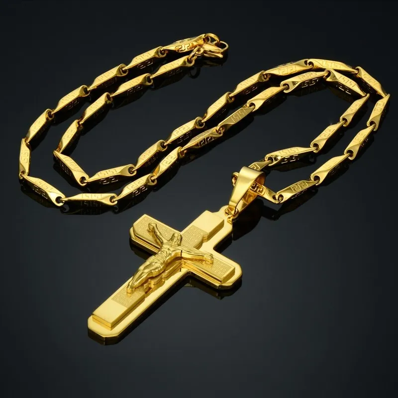 معلقات Jesue Cross للرجال المجوهرات الفولاذ المقاوم للصدأ 18K الذهب مطلي بالذهب مسلسل صليب قلادة سلسلة NP93265E