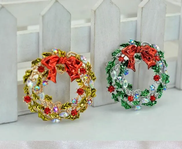 1.8 Inch Silver/Gold Plated Wreath and Christmas Brooch with Crystals and Red Bow Gift Pins