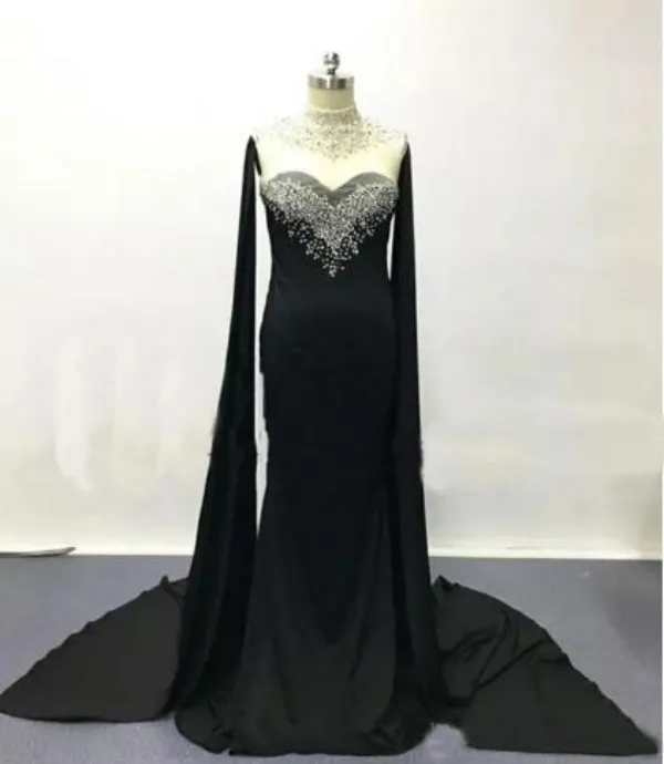 Haifa Wahbe Beaded Black Evening Dresses Sexy Cape Style Latest Mermaid Evening Gowns Dubai Arabic Party Dresses Real Pictures Custom