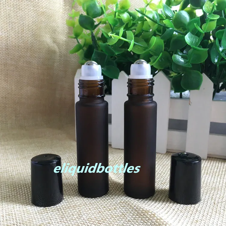 WHOLESALE new Acid Etch Amber 10ml ROLL ON GLASS BOTTLES with Steel Metal Roller ball And Black Cap Hot Sale in USA AU UK Canada