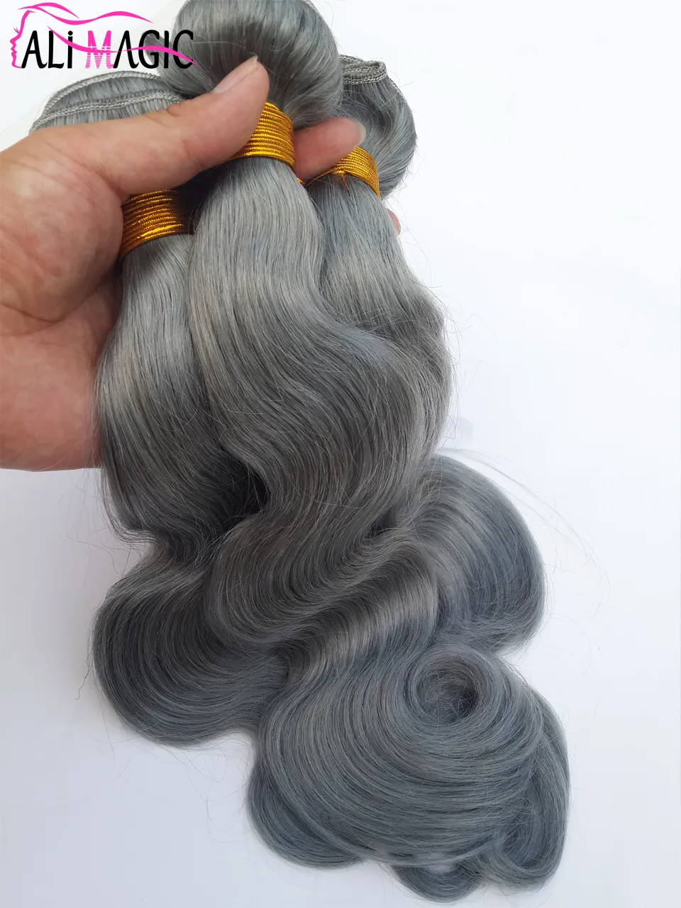 Cheveux humains tisse des extensions de cheveux humains gris vague de corps grade 8A 3 paquets 100G Extensions de cheveux gris en gros AliMagic prix d'usine pas cher