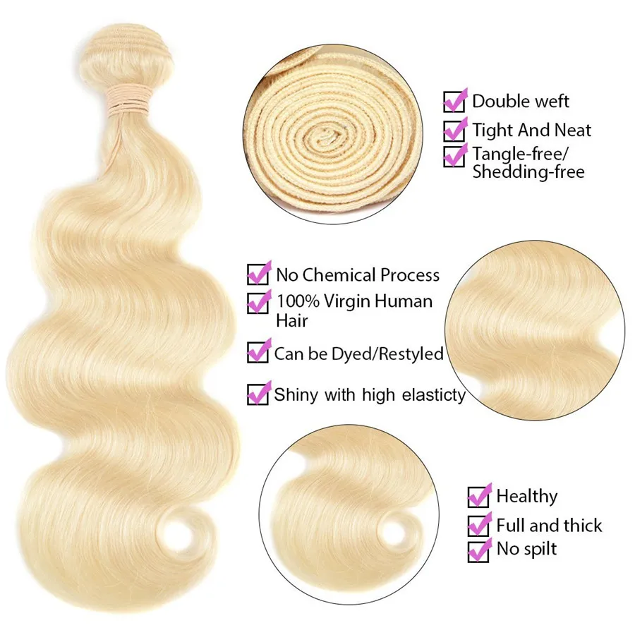 Tissage de cheveux humains ondulés blonds #613, trames de cheveux blonds décolorés, 3 pièceslivraison gratuite