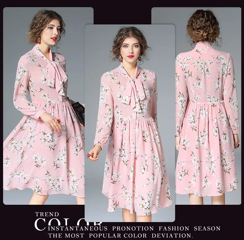 Floral Print Pink Chiffon Dresses Spring 2017 Loose Long Sleeve Bow ...