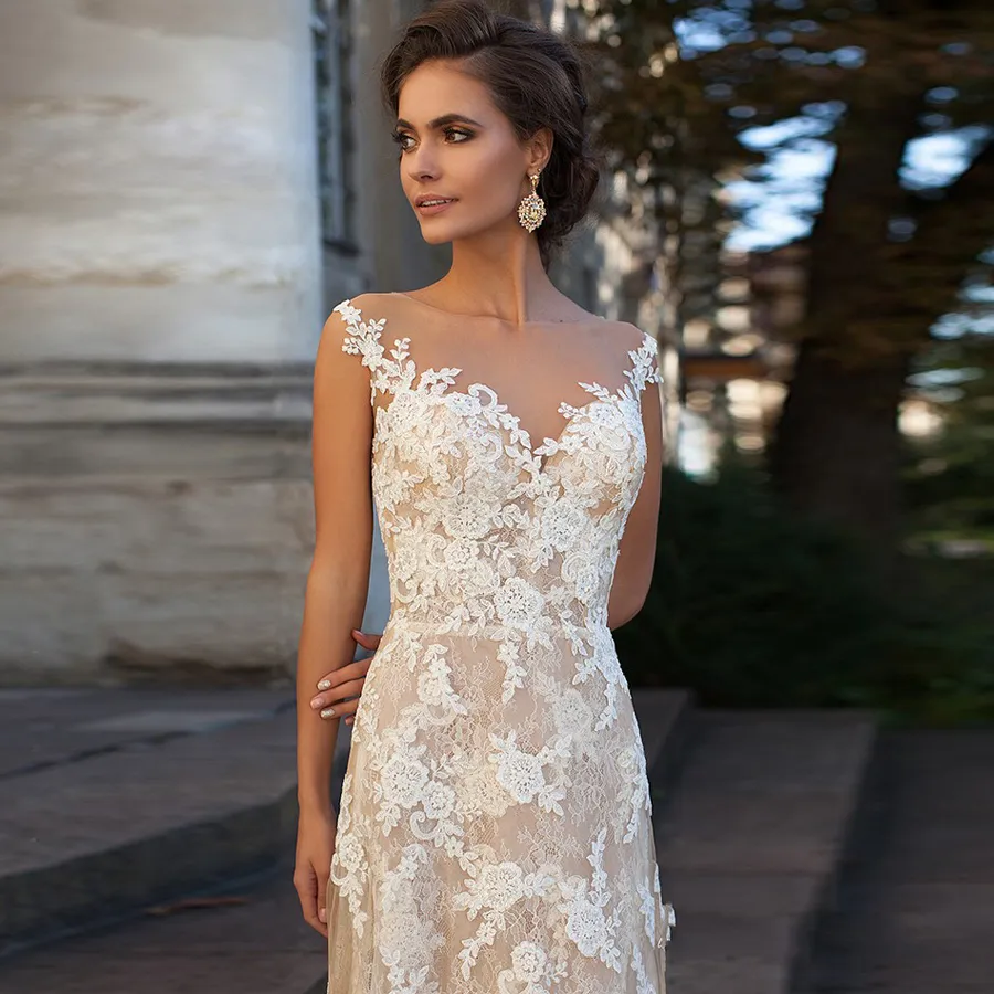 Lace Dress 2020 Illusion Neckline Appliques Vintage Bridal Gowns Robe De Mariage Sheath Wedding Dresses Sheer Back Vestido246L