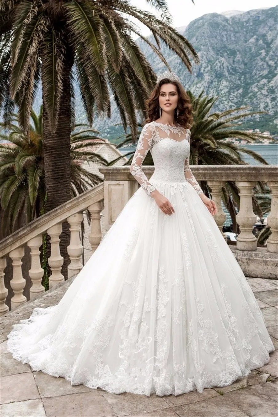 스쿠프 A 라인 긴 소매 레이스 Applique 웨딩 드레스 2021 Bridal Gowns Vestido de Casammero