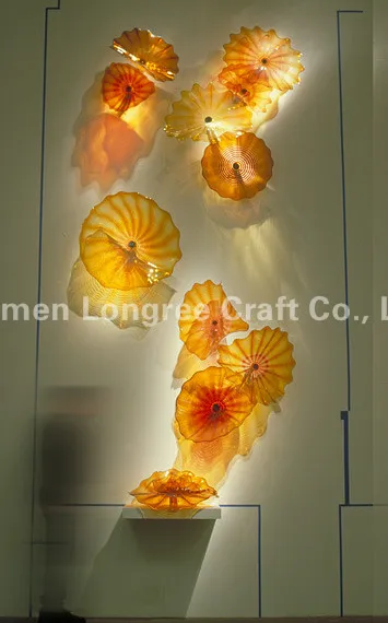 Modern Home Decor Hand Blown Art Lamps Table Platter Plate Orange Amber Yellow Wall Hanging Mount 16" -LRW0020