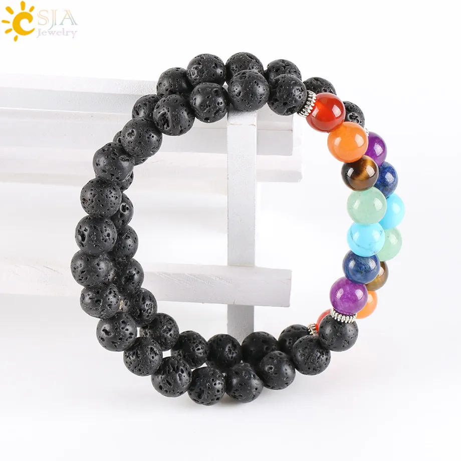 CSJA 8mm Donna Uomo Natural Black Lava Rock Beads 7 Chakra Bracciali Healing Energy Stone Meditation Gem Stone Mala Bracciale E278286Z