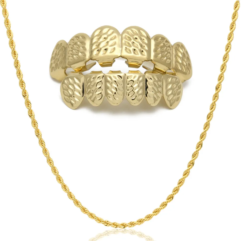 Hip Hop Custom Fit Gold Color Zęby Cztery Hollow Otwarta twarz Złote Zęby Grillz Caps Top Dotal Grill Set z łańcuchem linowym